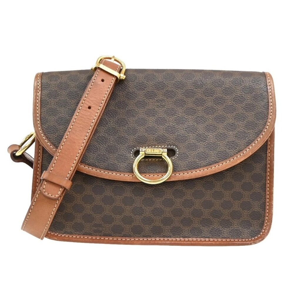 CELINE Logo Macadam Pattern Shoulder Bag PVC Leather Brown GHW Italy 62KP342